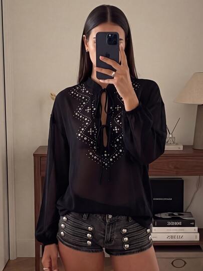 Athîral Women's Transparent Chiffon Solid Color Stand Up Collar Long Sleeved Loose Black Elegant Metal Decoration Front Shirt, Suitable For Date Night Parties