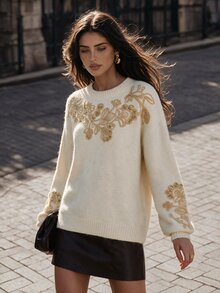 Anewsta Women's Round Neck Floral Pattern Casual Daily Long Sleeve Sweater - Apricot - View 4