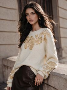 Anewsta Women's Round Neck Floral Pattern Casual Daily Long Sleeve Sweater - Apricot - View 6