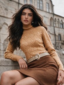 Anewsta كنزة نسائية محبوكة بتصميم عصري مزينة بالخرز للخريف/الشتاء، بياقة عالية، مناسبة للارتداء اليومي والعمل - بني فاتح - مشاهدة 2