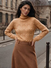 Anewsta كنزة نسائية محبوكة بتصميم عصري مزينة بالخرز للخريف/الشتاء، بياقة عالية، مناسبة للارتداء اليومي والعمل - بني فاتح - مشاهدة 3