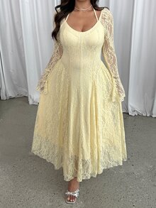 GalTyme Plus Size Elegant Party Solid Color Lace Flare Sleeve Dress Fall - Light Yellow - View 5