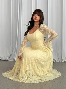 GalTyme Plus Size Elegant Party Solid Color Lace Flare Sleeve Dress Fall - Light Yellow - View 4