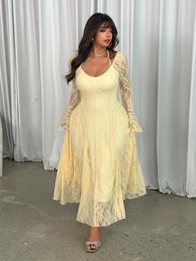 GalTyme Plus Size Elegant Party Solid Color Lace Flare Sleeve Dress Fall - Light Yellow - View 3