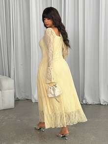 GalTyme Plus Size Elegant Party Solid Color Lace Flare Sleeve Dress Fall - Light Yellow - View 2