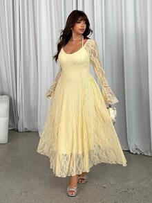 GalTyme Plus Size Elegant Party Solid Color Lace Flare Sleeve Dress Fall - Light Yellow - View 1