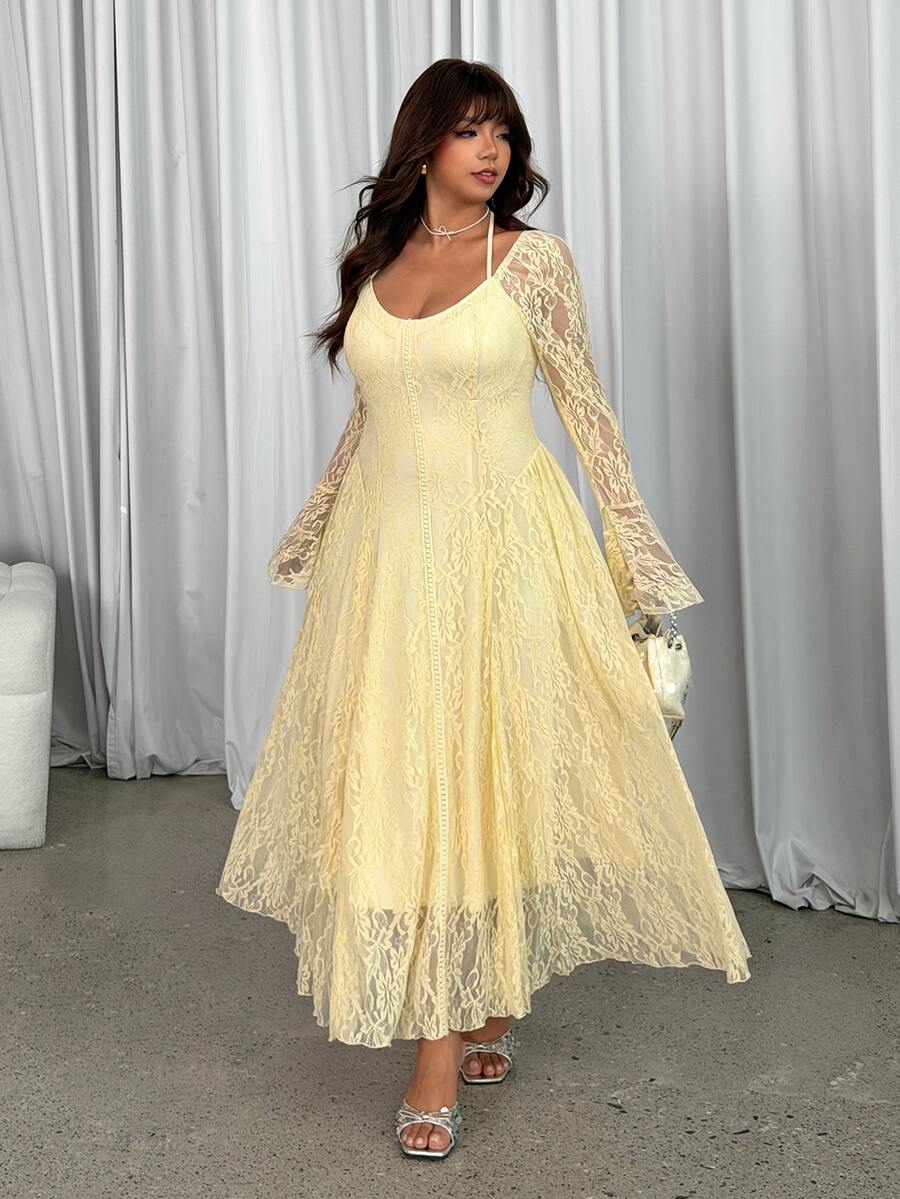 GalTyme Plus Size Elegant Party Solid Color Lace Flare Sleeve Dress Fall - Light Yellow - View 1