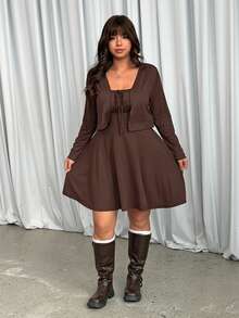 GalTyme Plus Size Women 2in1 Tie-Front Ruched Dress And Long Sleeve Cardigan Set - Brown - View 4