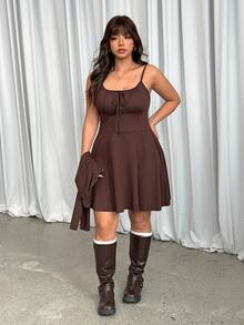 GalTyme Plus Size Women 2in1 Tie-Front Ruched Dress And Long Sleeve Cardigan Set - Brown - View 3