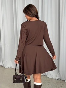 GalTyme Plus Size Women 2in1 Tie-Front Ruched Dress And Long Sleeve Cardigan Set - Brown - View 2