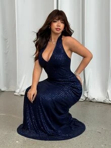 GalTyme Plus Size Women's Solid Color V-Neck Sequin Slim Fit Elegant Halter Neck Dress - Navy Blue - View 6