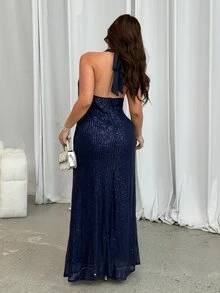 GalTyme Plus Size Women's Solid Color V-Neck Sequin Slim Fit Elegant Halter Neck Dress - Navy Blue - View 2
