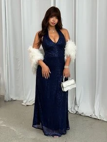 GalTyme Plus Size Women's Solid Color V-Neck Sequin Slim Fit Elegant Halter Neck Dress - Navy Blue - View 5