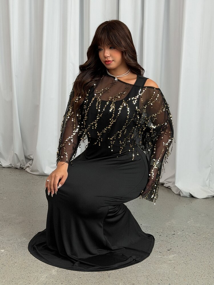 GalTyme Plus Size Women Square Neck Sleeveless Dress & Sequin Sheer Pullover Top Fashion Matching 2 Pieces Set - Black - View 1