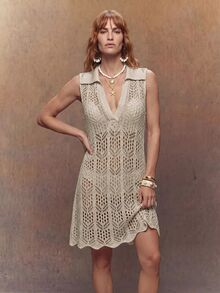 Swim Vcay Women's Solid Color Hollow-Out Knitted Cover-Up Cover Up Summer - Khaki - View 7
