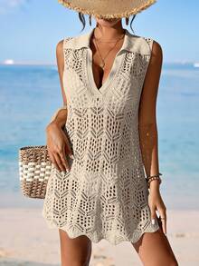Swim Vcay Women's Solid Color Hollow-Out Knitted Cover-Up Cover Up Summer - Khaki - View 5