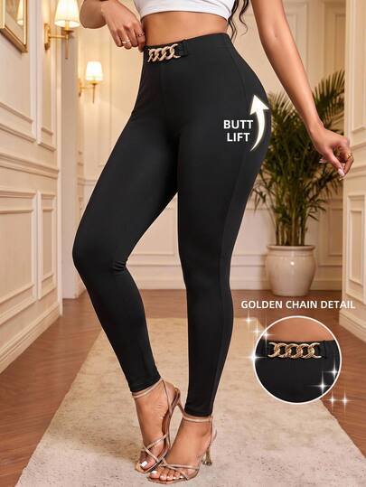 SHEIN Lady Women's Fashion Metal Buckle Fitted Casual Basic Basic Base Layer Long Pants Gym Workout Workwear Black Summer Gym Pilates