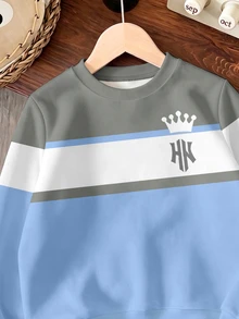Young Boys Sweatshirt Casual Sports Gray Blue Color Block Crown Letter Print Long Sleeve Loose Fit Crew Neck School Fall Tops Autumn - Multicolor - View 3