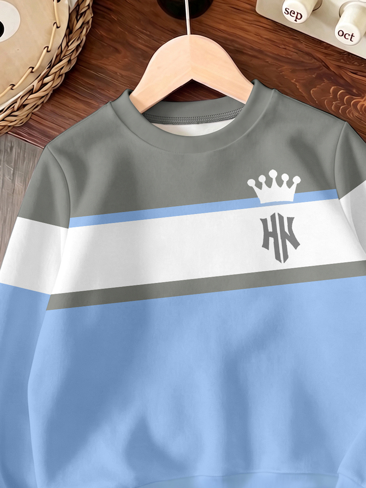 Young Boys Sweatshirt Casual Sports Gray Blue Color Block Crown Letter Print Long Sleeve Loose Fit Crew Neck School Fall Tops Autumn - Multicolor - View 3