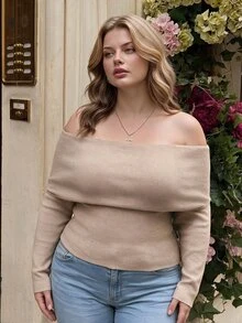 SHEIN MOD Plus Size Off-Shoulder Knit Long Sleeve Top - Khaki - View 4