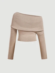SHEIN MOD Plus Size Off-Shoulder Knit Long Sleeve Top - Khaki - View 11