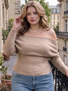 SHEIN MOD Plus Size Off-Shoulder Knit Long Sleeve Top - Khaki - View 5