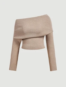 SHEIN MOD Plus Size Off-Shoulder Knit Long Sleeve Top - Khaki - View 9