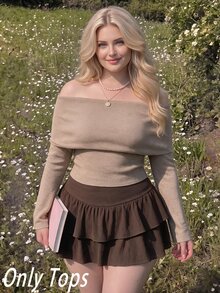SHEIN MOD Plus Size Off-Shoulder Knit Long Sleeve Top - Khaki - View 14