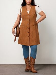 Truni Plus Size Women's Western Style Casual Corduroy Vest Long Coat Pear Body,Triangle Body Fall - Brown - View 7