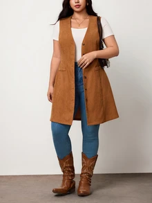 Truni Plus Size Women's Western Style Casual Corduroy Vest Long Coat Pear Body,Triangle Body Fall - Brown - View 5