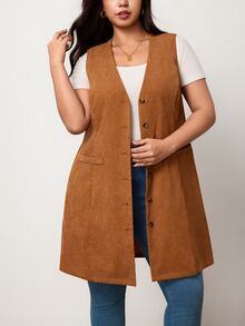 Truni Plus Size Women's Western Style Casual Corduroy Vest Long Coat Pear Body,Triangle Body Fall - Brown - View 4