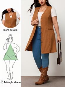 Truni Plus Size Women's Western Style Casual Corduroy Vest Long Coat Pear Body,Triangle Body Fall - Brown - View 1