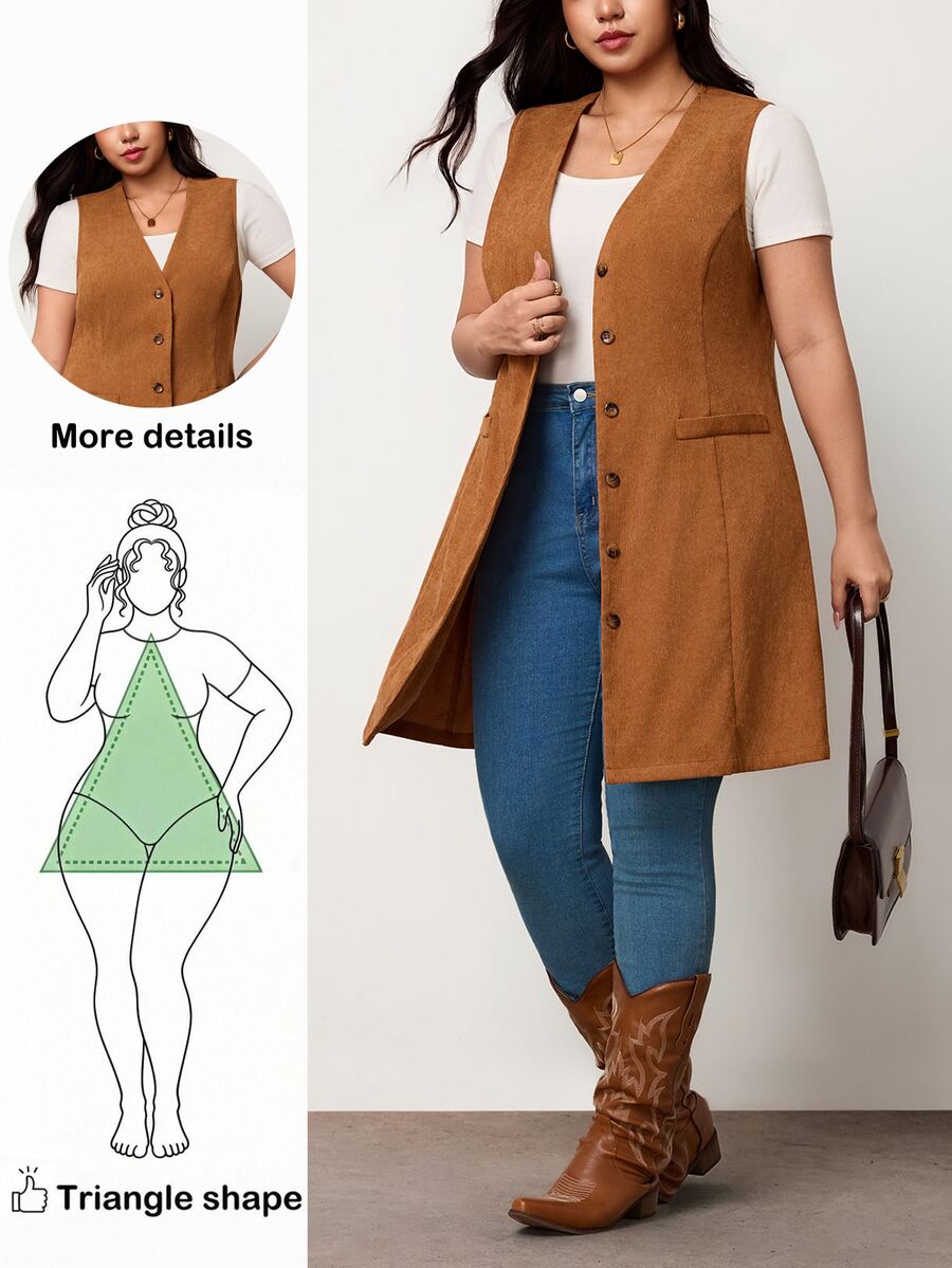 Truni Plus Size Women's Western Style Casual Corduroy Vest Long Coat Pear Body,Triangle Body Fall - Brown - View 1