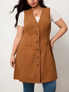 Truni Plus Size Women's Western Style Casual Corduroy Vest Long Coat Pear Body,Triangle Body Fall - Brown - View 6