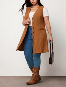 Truni Plus Size Women's Western Style Casual Corduroy Vest Long Coat Pear Body,Triangle Body Fall - Brown - View 3