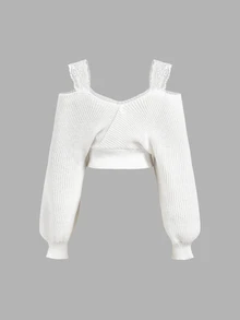 SHEIN MOD Plus Size Women's Butterfly Embroidered Cold Shoulder Long Sleeve Cropped Pullover Sweater Fall - White - View 3