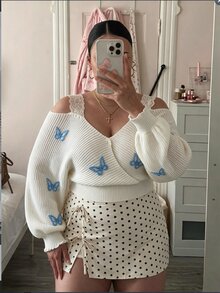SHEIN MOD Plus Size Women's Butterfly Embroidered Cold Shoulder Long Sleeve Cropped Pullover Sweater Fall - White - View 1