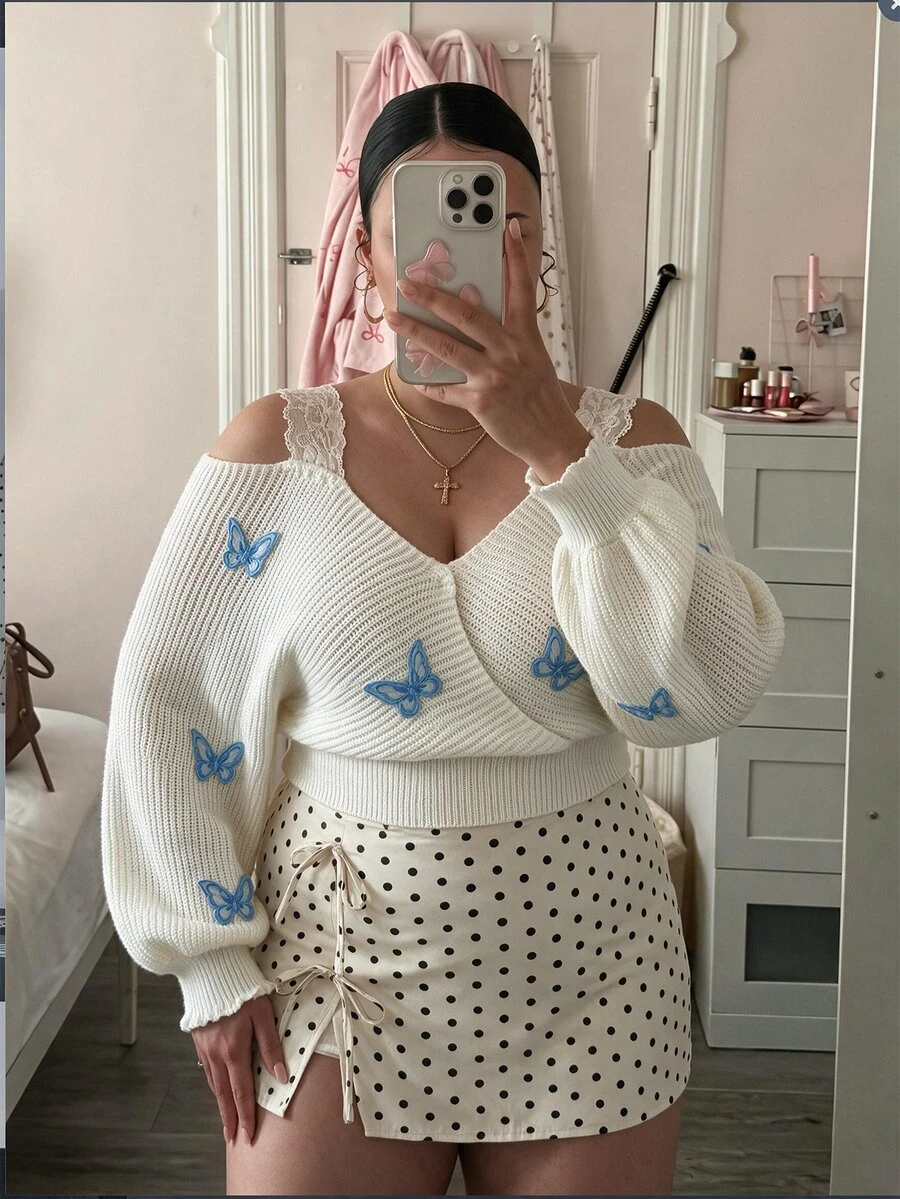 SHEIN MOD Plus Size Women's Butterfly Embroidered Cold Shoulder Long Sleeve Cropped Pullover Sweater Fall - White - View 1