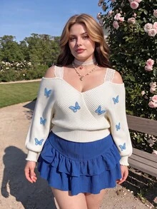 SHEIN MOD Plus Size Women's Butterfly Embroidered Cold Shoulder Long Sleeve Cropped Pullover Sweater Fall - White - View 5