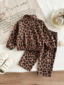 SHEIN Playful Pals 2件組幼童女童外套長褲套裝，可愛甜美棕色粉色豹紋蝴蝶結緞帶長袖立領休閒戶外秋季假期獨角獸運動服 - 彩色 - 查看 2