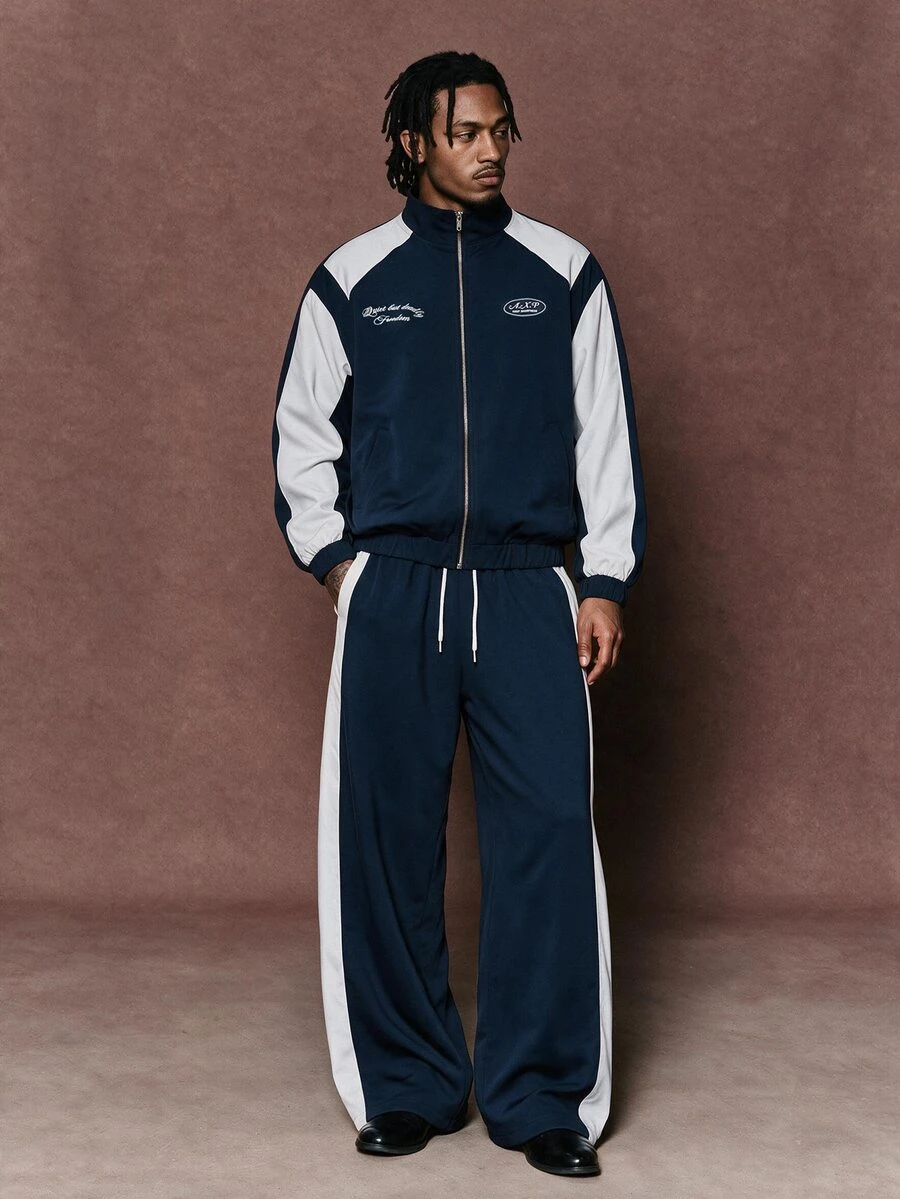 AXEPEAK Men's Letter Print Zipper Front Jacket And Pants Casual Set - Multicolor - View 1