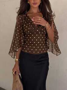 Amorya Women's V-Neck Brown And White Polka Dot Casual Retro Elegant Daily Wear Top Dinner Brunch Autumn - Coffee Brown - View 5