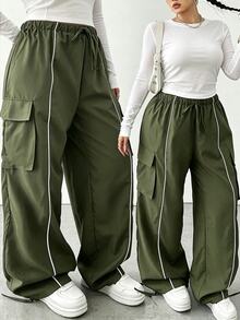 POPSWAY Plus Size Elastic Waist Drawstring Cargo Pocket Trim Cuffed Pants - Army Green - View 1