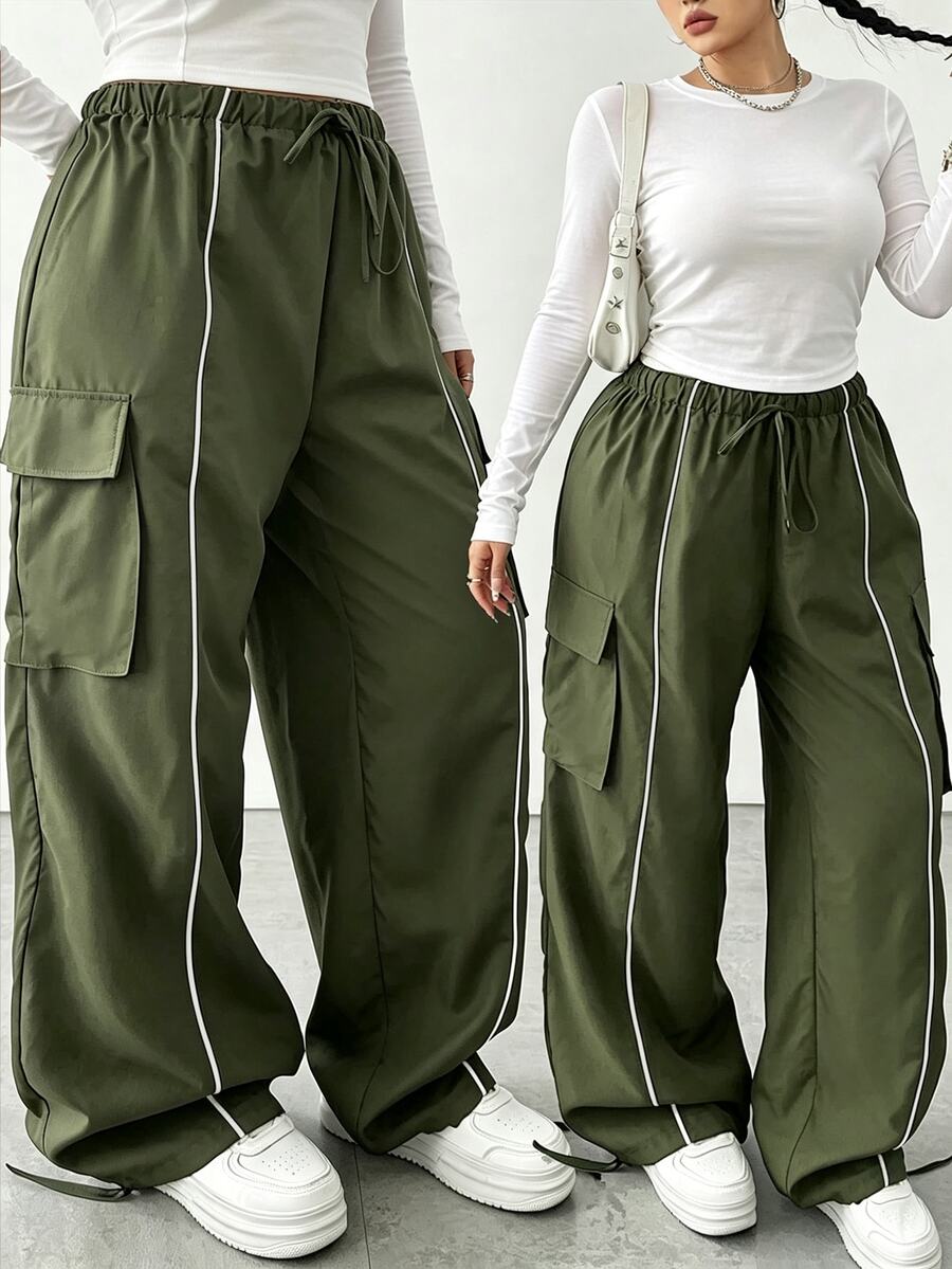 POPSWAY Plus Size Elastic Waist Drawstring Cargo Pocket Trim Cuffed Pants - Army Green - View 1