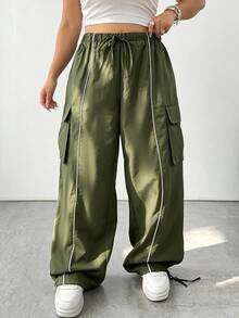 POPSWAY Plus Size Elastic Waist Drawstring Cargo Pocket Trim Cuffed Pants - Army Green - View 5