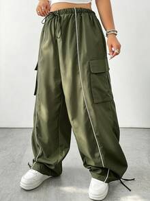 POPSWAY Plus Size Elastic Waist Drawstring Cargo Pocket Trim Cuffed Pants - Army Green - View 6