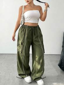 POPSWAY Plus Size Elastic Waist Drawstring Cargo Pocket Trim Cuffed Pants - Army Green - View 4