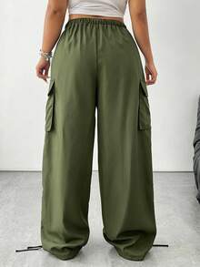 POPSWAY Plus Size Elastic Waist Drawstring Cargo Pocket Trim Cuffed Pants - Army Green - View 2