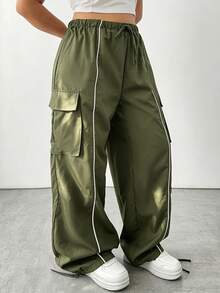 POPSWAY Plus Size Elastic Waist Drawstring Cargo Pocket Trim Cuffed Pants - Army Green - View 3