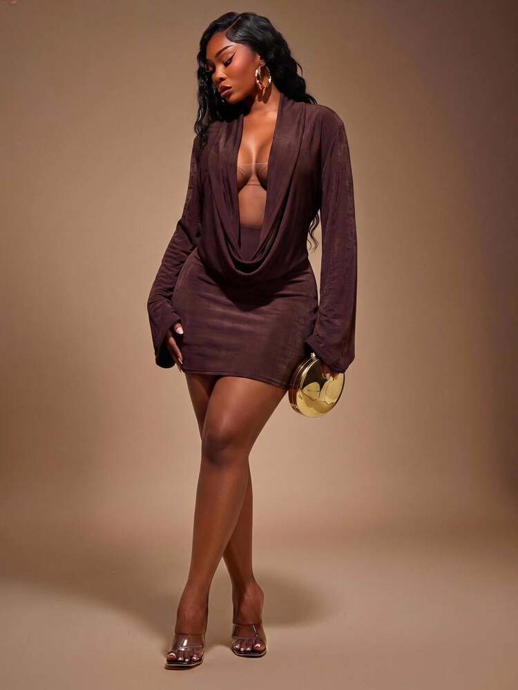 Radiana Plus Size Women Solid Color Cowl Neck Long Sleeve Sexy Elegant Fitted Dress Party Night Brown Autumn Fall - Brown - View 3